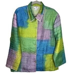 Anage Silk Tie Dye Jacket Large Green Blue Yellow Purple Watercolor Button Front